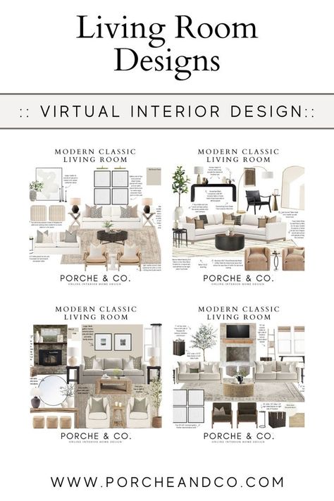 The interior designers at Porche & Co. are sharing custom curated living room designs. You will find living room mood boards in this blog that are the perfect home decor inspiration. The family room designs have some dark, contrasting pieces paired with lighter, upholstered fabrics. Mixing more modern pieces with vintage wooden pieces adds so much depth and interest to room decor. We add faux plants, artwork, and throw pillows. Living Room Idea Board, Mixing Textures Living Room, Family Room Modern Design, Family Room Mood Board, Traditional Living Room Mood Board, Interior Design Living Room Colors, Living Room Vs Family Room, Open Concept Living Room Layout, Modern Living Room Mood Board