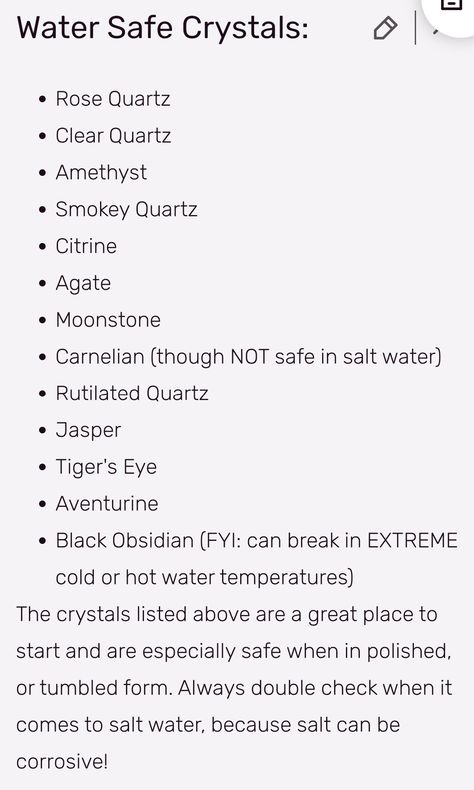 Water Unsafe Crystals, Crystals Safe In Salt, Water Safe Crystals, Witchy Corner, Crystal Knowledge, Crystal Care, Crystal Healing Chart, Quartz Properties, Rock Queen