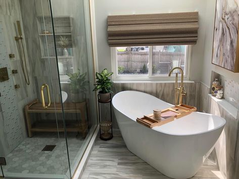 Angled Freestanding Tub, Corner Freestanding Bathtub Ideas, Bathrooms With Standalone Tubs, Standing Tub In Shower Area, Decor Around Free Standing Tub, Diagonal Bathtub, Corner Soaking Tub Master Bath, Stand Alone Tub Shower Combo, Corner Tub Master Bath Remodel