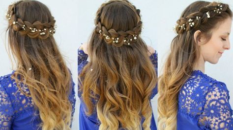 Wedding Braid Crown Half Up, Crown Braid Half Up Half Down Wedding, Half Braid Crown, Braid Crown Half Up, Braided Crown Hairstyles Half Up, Chloe Hairstyles, Crown Braid Hair, Flower Braid Hair, Hairstyles Graduation