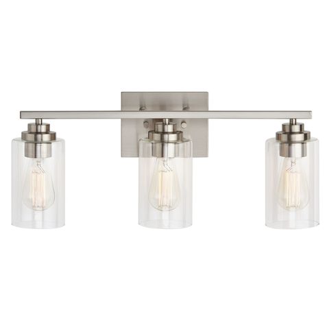 KAWOTI 3 Light Bathroom Vanity Light with Clear Glass Shade - On Sale - Bed Bath & Beyond - 37174766 Vanity Lighting Brushed Nickel, 3 Light Bathroom Vanity Light, Spec House, Light Bathroom Vanity, Modern Vanity Lighting, Transitional Vanity, Contemporary Vanity, Light Bathroom, Bathroom Vanity Light