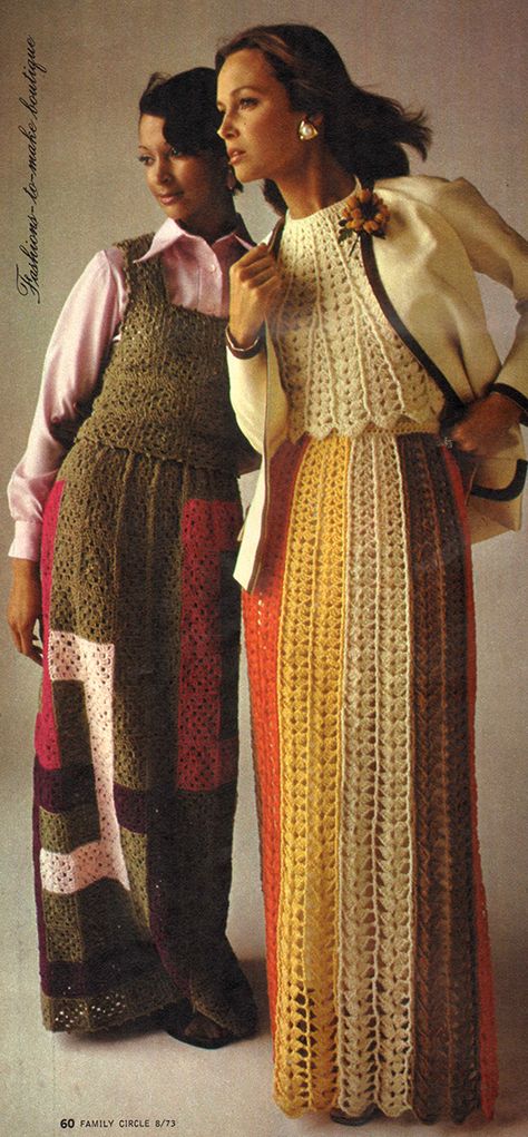 Vintage 70s Crochet Patterns, 70s Outfits Crochet, 70s Crochet Clothes, Crochet Dress 70s, Crochet Vintage Skirt, Vintage Crochet Fashion, 70s Crochet Top Pattern, 1970s Crochet Patterns, 70s Inspired Patterns