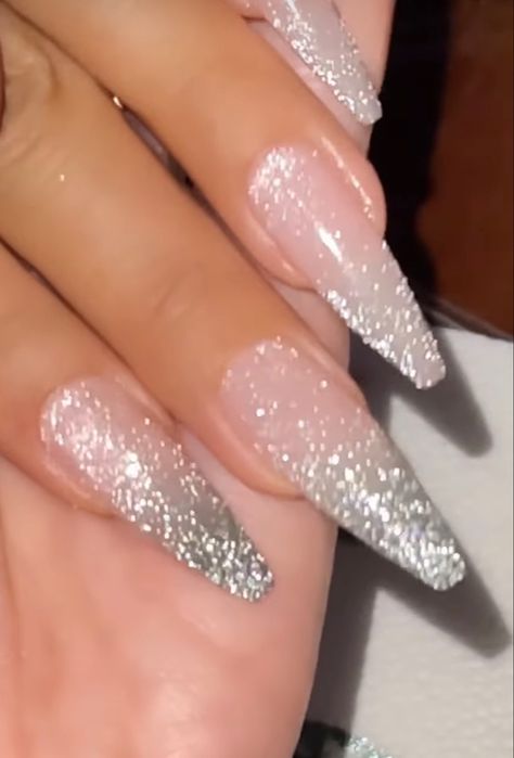 White Coffin Glitter Nails, Nail Inspo Silver Glitter, Sparkly Ballerina Nails, Prom Nails White Dress, Shiny Sparkly Nails, Bridesmaid Nails Silver, Silver And Glitter Nails, White Disco Nails, Silver Nails Coffin Shape