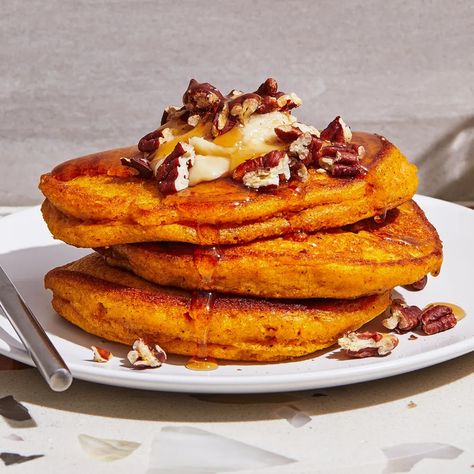 Pumpkin Pancakes Recipe | Bon Appétit Pumpkin Cranberry Pancakes, Buttermilk Pumpkin Pancakes, Pumpkin Buttermilk Pancakes, Cranberry Pancakes, Pumpkin Pancakes Recipe, Crisp Fall Morning, Fluffy Pumpkin Pancakes, Cornmeal Pancakes, Pumpkin Pancake Recipe