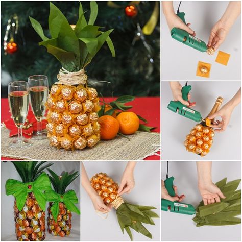 Creative Gift Wrap a Champagne Bottle Like a Pineapple with Chocolate Wine Bottles Gift Wrap, Bottle Gift Wrapping, Diy Pineapple, Chocolate Wine, Pineapple Gifts, Wine Bottle Gift, Kraf Diy, Simple Gift Wrapping, Creative Gift Wrapping