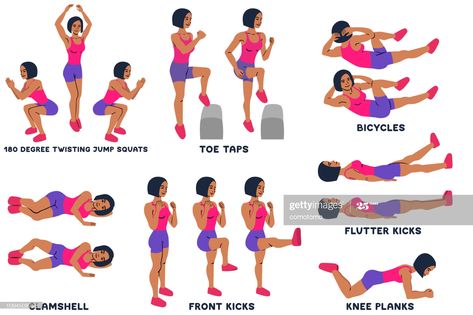 stock illustration : 180 degree twisting jump squats. Toe taps. Bicycles. Clamshell. Front kicks. Knee planks. Sport exersice. Silhouettes of woman doing exercise. Workout, training. Knee Plank, Squat Jump, Train Vector, Doing Exercise, Tummy Workout, Lower Belly Fat, Lose Belly Fat Workout, Jump Squats, Belly Fat Workout