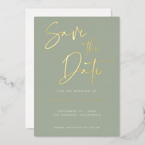 $3.95 | Modern Sage Gold Calligraphy Script Wedding #wedding, gold foil save the date, foil pressed wedding invitations, elegant modern wedding, calligraphy, handwritten script, sage, green, foil pressed save the dates, elegant Sage Green And Gold Invitation, Sage Green And Gold Wedding Invitations, Sage And Champagne Wedding, Gold And Sage Green Wedding, Sage And Gold Wedding, Sage Green And Gold Wedding, Sage And White Wedding, Sage Green Wedding Invitations, Sage Wedding Invitations