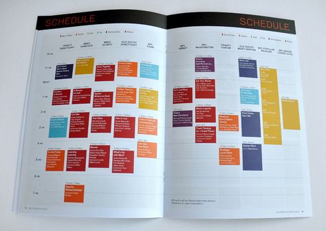 Great clean colorful layout,. nice idea for programmed/ schedule of events. Event Program Design Layout, Festival Program Design, Graphic Design Schedule, Schedule Layout, Programme Design, Timetable Design, Festival Program, Leaflet Layout, Conference Program