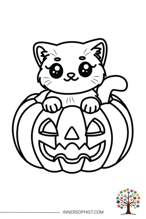 Cat in Pumpkin Coloring Page Cat Painted Pumpkin, Halloween Pumpkin Coloring Pages, Cat In Pumpkin, Cats And Pumpkins, Pumpkin Coloring, Playful Expression, Halloween Printables Free, Pumpkin Coloring Pages, Carved Pumpkin