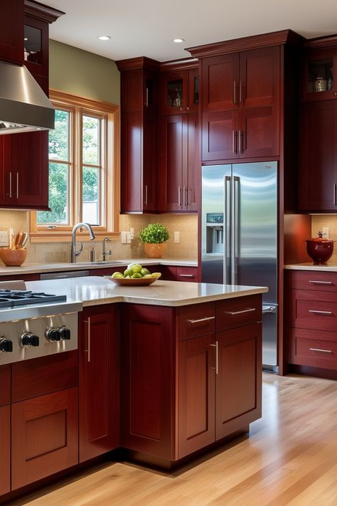 13 Stunning Cherry Cabinet Kitchen Ideas to Transform Your Space – HomelyTip Updated Cherry Wood Kitchens, Cherry Wood Bathroom Cabinets, Paint Colors To Go With Cherry Cabinets, Refinish Cherry Cabinets, Modern Cherry Kitchen, Cherry Cabinets Black Countertops, Kitchen Cherry Wood Cabinets, Mahogany Cabinets Kitchen, Modern Cherry Cabinets Kitchen