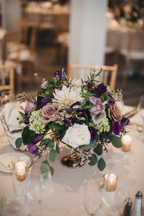 Ivory Wedding Ideas, Purple Flower Centerpieces, Purple Wedding Tables, Purple Reception, Purple Wedding Centerpieces, Purple Centerpieces, Inside Weddings, Purple Wedding Theme, Purple Wedding Flowers