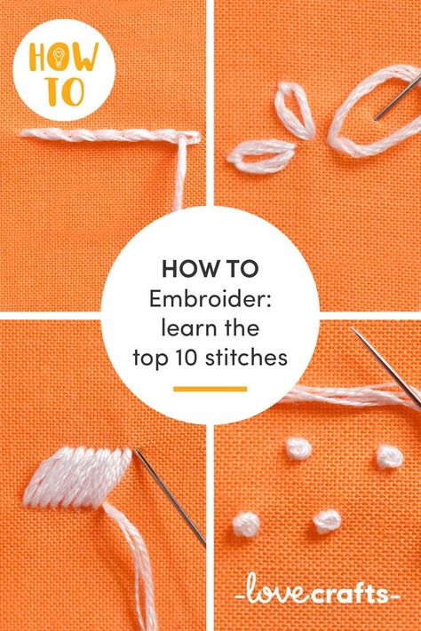 Learn how to embroider with LoveCrafts. Top ten embroidery stitches like the: running stitch, stem stitch and lazy daisy. With a step-by-step video tutorial. платье мода как сшить платье своими руками платье без выкройки платье своими руками красивые платья свадьба выкройка платья шитье и крой пошив стиль пошив - Hand embroidery patterns Types Of Embroidery Stitches, Embroidery Stitches Flowers, Embroidery Hoop Art Diy, Embroidery Stitches Beginner, Hand Embroidery Patterns Free, Basic Embroidery Stitches, Embroidery Stitches Tutorial, Embroidery Patterns Vintage, Pola Sulam