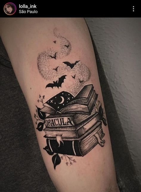 Spooky Bookish Tattoos, Spooky Theme Tattoo, Bats And Books Tattoo, Spooky Tattoo Designs, Dark Romance Tattoo Ideas, Gothic Bat Tattoo Designs, Bat Tattoo Ideas Gothic, Planchette Tattoo, Magic Tattoos