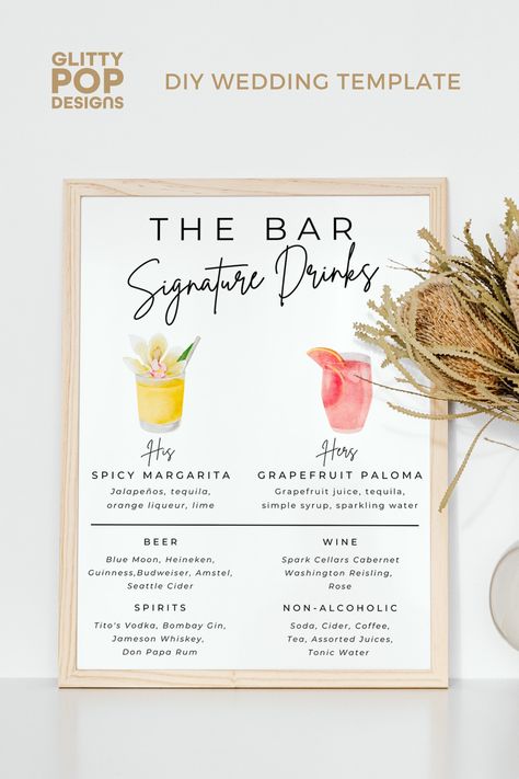 His and hers cocktail sign for wedding drinks. Wedding Decorations Cocktail Hour, His And Her Drink Sign, His And Her Wedding Cocktails, Wedding His And Hers Cocktails, His Hers Drinks Wedding, His And Her Cocktails Wedding, Drink Signs For Wedding, His And Hers Cocktails Wedding, His And Her Drinks Wedding