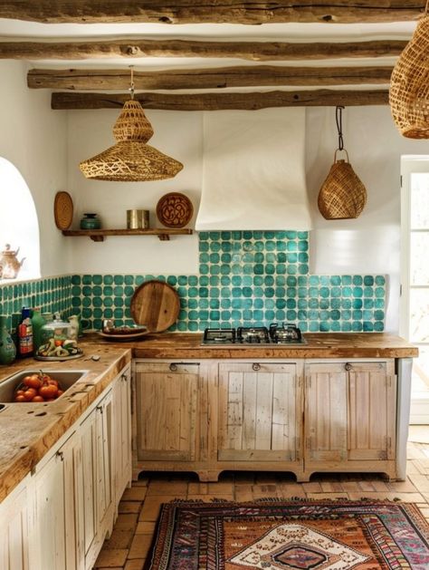 27 Boho Kitchens With Moroccan Wall Tiles - TastyInteriors Moroccan Kitchen Design, Talavera Tile Kitchen, Santa Fe Kitchen, Moroccan Tiles Kitchen, Moroccan Backsplash, Moroccan Wall Tiles, Talavera Backsplash, Diy Kitchen Hacks, Kitchen Makeover Ideas