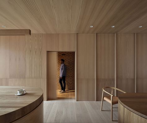 OG House by Omar Gandhi Architect has cedar cladding and oak interiors Omar Gandhi, Eastern White Cedar, Halifax Canada, Small Sitting Area, Monochrome Bathroom, White Oak Kitchen, Clad Home, Cedar Cladding, Interesting Architecture