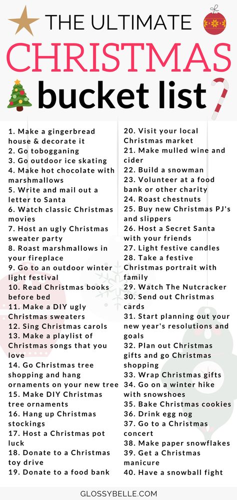 The Ultimate Christmas Bucket List: 40 Fun Holiday Activities – Glossy Belle Activities For Christmas, Fun Holiday Activities, Christmas Checklist, Christmas To Do List, Herbst Bucket List, Christmas Bucket List, Fun Christmas Activities, Christmas Bucket, Christmas Prep