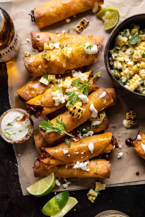 Bbq Chicken Taquitos, Street Corn Salsa, Half Baked Harvest Recipes, Mini Hamburgers, Beer Chicken, Chicken Taquitos, Corn Salsa, Harvest Recipes, Bbq Sauce Homemade