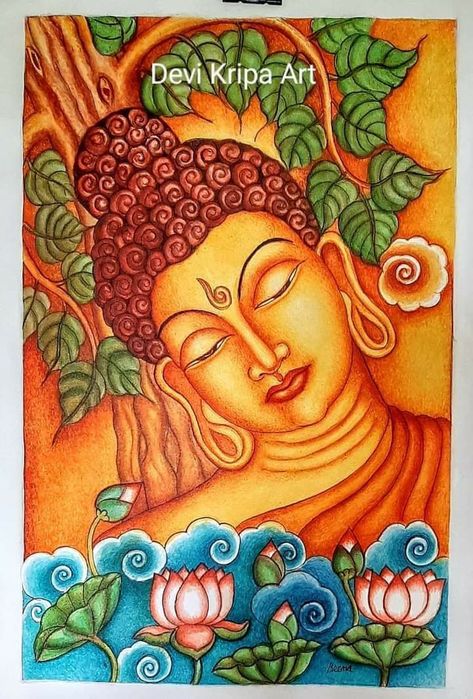 Buddha Kerala Mural Painting, Budha Kerala Mural Painting, Inspiration For Painting Ideas, Budha Painting On Canvas, Buddha Mural Painting, Mural Painting Kerala, Kerala Mural Art, Buddha Mural, Buddha Canvas Art