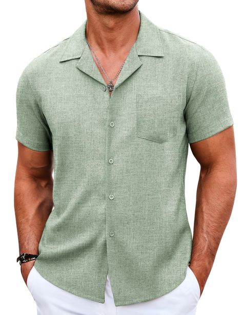 PRICES MAY VARY. Linen Textured Design: The men short sleeve button down shirts are Linen-like fabric, has the advantages of linen texture and linen fabric --breathable, lightweight, and comfortable to wear, perfect for summer hot days and beach vacations outings. Cuban Camp Collar Shirts: Men beach linen shirts are feature cuban collar shirts, inspired by old-school Americana and the 1950s style, which are good for casual style and vacation time. Men cuban collared linen shirt represents a stat Palm Springs Mens Outfits, Mens Vacation Outfits, Shirts Short Sleeve, Linen Shirts, Summer Hot, 1950s Style, Beach Vacations, Men Beach, Linen Texture