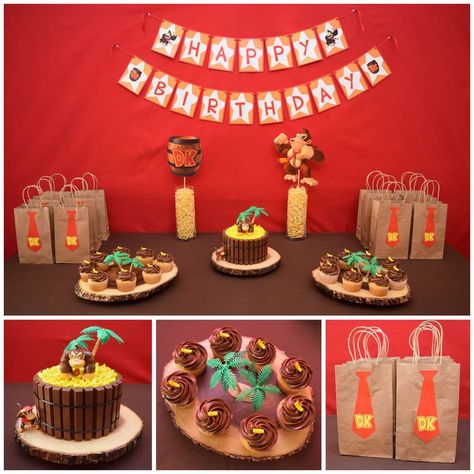 Donkey Kong Party Decorations, Donkey Kong Cupcakes, Donkey Kong Decorations, Donkey Kong Birthday Party Decorations, Donkey Kong Party Ideas, Donkey Kong Birthday Party, Donkey Kong Party, Country Themed Parties, Nintendo Party