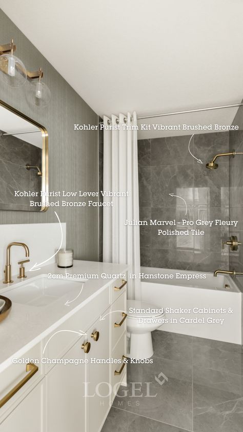 Brushed Bronze Bathroom Fixtures, Champagne Bathroom, Brushed Bronze Bathroom, Bath Layout, Bronze Bathroom Fixtures, Concept Living Room, Walk Through Closet, White Bathrooms, Gray And White Bathroom