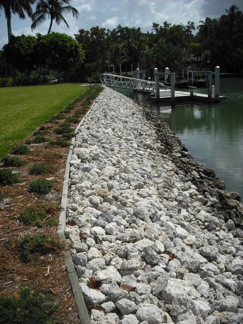 Riprap Shoreline, Riprap Landscape Design, Rip Rap Shoreline, Drought Resistant Landscaping, Lake Landscaping, Lake Dock, Garden Pond Design, Small Front Yard, Water Pond