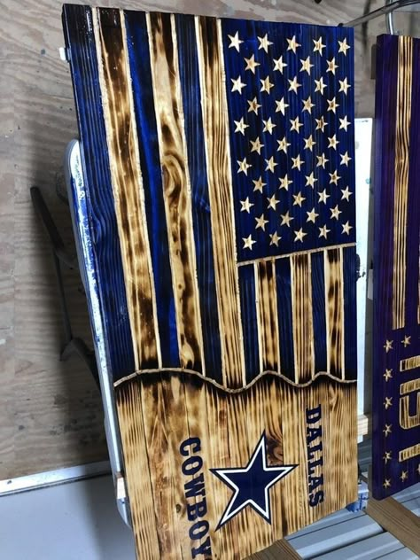 Wood American Flag Diy, Wood Flag Diy, Dallas Cowboys Room, American Flag Diy, Wood Flags, Dallas Cowboys Decor, Cowboy Crafts, Wavy Flag, Flag Diy