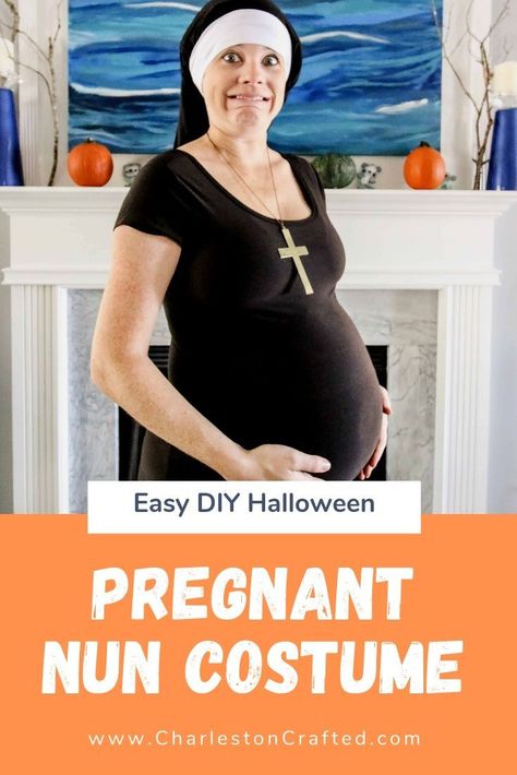 Looking for a funny maternity Halloween costume idea? How about this DIY pregnant nun! It's an easy last minute costume idea and is hilarious.  #charlestoncrafted #halloween #halloweencostume #maternitycostume #pregnantcostume #pregnanthalloween #nuncostume #pregnantnun Halloween Costumes For Pregnant Women, Costumes For Pregnant Women, Halloween Costumes For Pregnant, Maternity Halloween Costume, Easy Last Minute Costumes, Maternity Halloween, Most Creative Halloween Costumes, Funny Maternity, Pregnancy Costumes