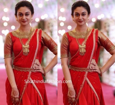 Red Half Saree South Indian, Red Saree Blouse Color Combinations, Red Half Saree, Traditional Gold Jewelry, Aishwarya Arjun, Lehenga Patterns, Traditional Baby Dresses, Lengha Dress, Red Saree Blouse