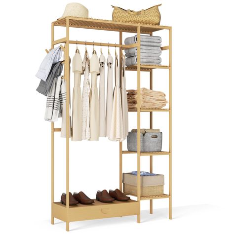 PRICES MAY VARY. Multifunctional Storage Rack: The multi storage hanging rack can be used as an open closet to organize clothes, or as a clothes drying rack or a plant rack. Its compact design makes it attractive in the living room, entryway, kid's room, bedroom, small apartment or dorm. 100% Nature Bamboo: This hanging garment rack is made of natural bamboo, durable and non-deformable, environmentally friendly and safe for your family. Use natural paint to avoid rusting and make the surface and Pants Rack, Garment Rack, Hanging Rack, Rack Storage, Clothes Rack, Storage Shelves, Heavy Duty, Bamboo, Shelves