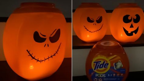 Hip2Save content creator created viral tide pod container Jack-o'-lanterns winning over the internet for recycled Halloween decorations. Tide Pods Container Crafts, Tide Pods Container, Tide Pods, Easy Diy Halloween, Easy Halloween, Jack O, Jack O Lantern, Halloween Diy, Content Creator