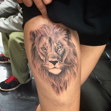 Hips Tattoo Women Side, Tattoos On Thigh, Lion Leg Tattoo, Leo Lion Tattoos, Chest Tattoo Female Upper, Lion Tattoo On Thigh, Tiger Head Tattoo, Thigh Tattoo Men, Leg Tattoo Ideas