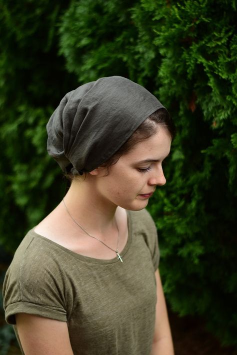 "Linen headwraps, available in many colours Will be restocked.  - 18\" wide (measuring from front down back of head). It is a triangular shape piece of fabric sewn in pleats down both sides with ties for easy wear-ability. The silhouette will be different depending on what hairstyle you choose to wear underneath. Pictured worn over a updo flatter than an average bun, midheight on back of head. - lightweight woven (100 g/m, 3 oz/yd) - Secures with black (outlander), cream (cornflower, firecracker Motif Soutache, Audrey Hepburn Hat, Back Of Head, Head Coverings, Head Wrap Headband, Hair Cover, Turbans, Head Covering, Hair Accessories Headbands