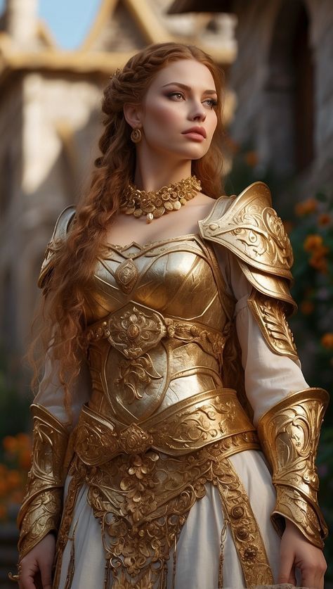 Summer Queen Aesthetic, Gold Female Armor, Roman Empress Aesthetic, Greek Armor Female, Athena Armor, Queen Armor, Warrior Princess Aesthetic, Female Cleric, Woman Armor