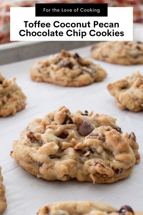 Pecan Chocolate Chip Cookies, Chips Recipes, Pecan Chocolate, Chocolate Chip Pecan Cookies, Toffee Cookies, Chewy Cookies, Coconut Pecan, Cookie Brownie Bars, Pecan Cookies