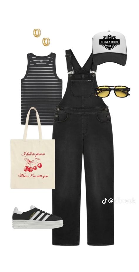 Black Overalls Outfit Aesthetic, Cosmetology Outfits Ideas, Black Dungarees Outfit, Black Outfits Summer, Black Overalls Outfit, Overalls Outfit, Black Overalls, All Black Outfit, Edgy Outfits