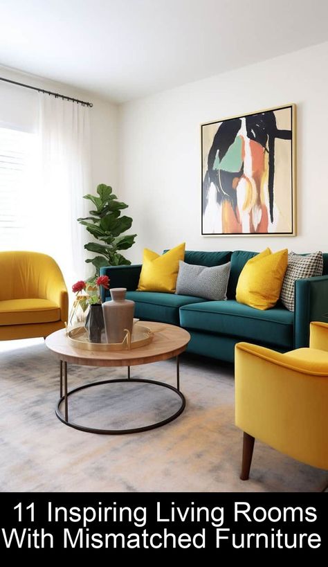 Sometimes we don't want everything in our home to match precisely. And that's okay. Take the living room, for instance. Though many furniture come in sets, maybe you prefer a mix and match approach. You can still achieve great design without everything having to match. We've looked around to find eleven super examples of living […] Living Room Design Yellow, Mustard Living Rooms, Small Apartment Inspiration, Contemporary Living Room Chairs, Green Sofa Living Room, Mismatched Furniture, Minimalist Living Room Design, Living Tv, Small Apartment Interior