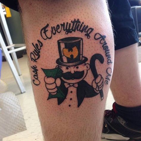 cash rules everything around me  WU TANG / MONOPOLY MAN Tattoo Bees, Wu Tang Tattoo, Cash Rules Everything Around Me, Hip Hop Tattoo, Monopoly Man, Me Tattoo, Landscape Tattoo, Tattoo Women, Tattoo Girl