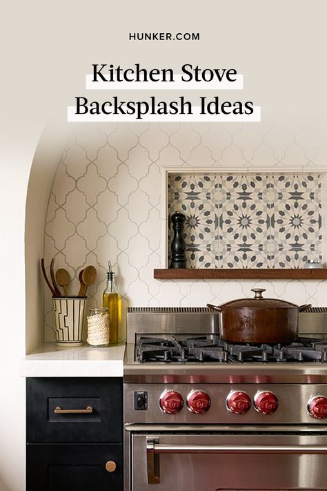 From a functional standpoint, a stove backsplash makes cleanup easy — oils and sauces that spatter the wall can be quickly wiped down, as opposed to absorbing into paint or drywall. Ahead, we're sharing 11 stove backsplash ideas that are sure to get your wheels turning. #hunkerhome #stove #backsplash #backsplashideas #kitchen Mexican Tile Backsplash Kitchen, Arabesque Tile Backsplash Kitchen, Mexican Tile Backsplash, Arabesque Tile Backsplash, Tile Backsplash Ideas, Backsplash Arabesque, Backsplash Trends, Kitchen Backsplash Trends, Stove Backsplash