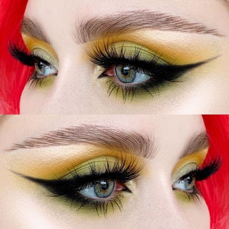 Red Yellow And Green Makeup, Bowser Makeup, Red Yellow Green Eyeshadow Looks, Blue Green Yellow Eyeshadow, Yellow Green And Purple Eyeshadow, Red Orange Yellow Eyeshadow, Wayne Goss, Neutral Lips, Dance Makeup