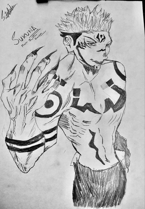 pencil sketch of sukuna (itadori’s body) made by me. Sukuna Sketch Pencil, Full Form Sukuna, Sukuna Heian Era Manga, Sukuna Heian Era, Sukuna Final Form, Itadori Sketch, Heian Era Sukuna, Heian Sukuna, Sukuna Original Form