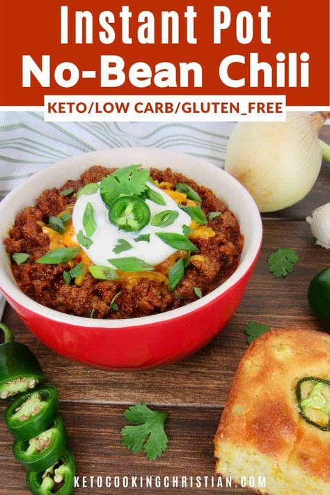 Keto Instant Pot No-Bean Chili A quick and easy Keto friendly version of chili made in the Instant Pot, without the beans, but not without great flavor! This Low Carb chili can be made in just 35 minutes! #ketochili #instantpotketochili #lowcarbchili #nobeanchili Chili Without Beans, Low Carb Instant Pot Recipes, Low Carb Chili Recipe, Keto Instant Pot, The Boiled Egg Diet, Low Carb Chili, Egg Diet Plan, Boiled Egg Diet Plan, Bean Chili