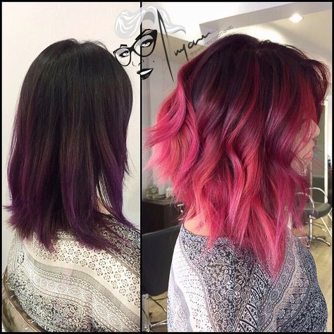 Pink Balayage Medium Hair, Red And Pink Hair Ombre, Fuschia Ombre Hair, Red And Pink Balayage, Pink Purple Red Hair, Brown To Color Ombre Hair, Red To Pink Ombre Hair, Pink Ombre Hair Short, Hot Pink Balayage