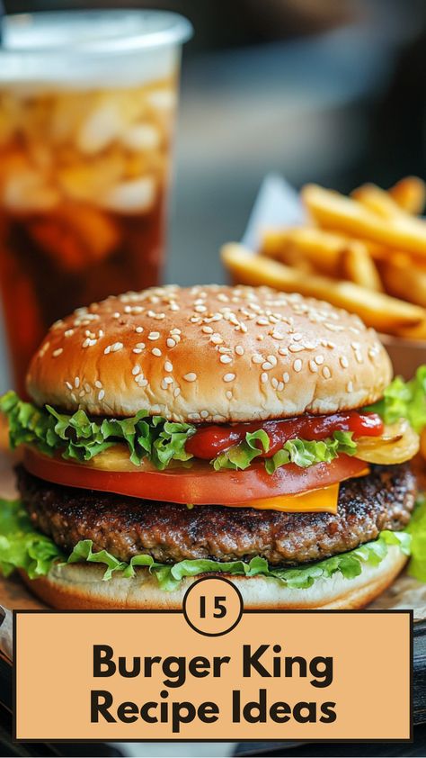 A homemade Burger King-inspired meal featuring a juicy Whopper, crispy fries, and a refreshing drink on a wooden table, ready to be enjoyed. Diy Whopper Burger, Burger King Copycat Recipes, Homemade Fast Food Recipes, Burger King Recipes, Whopper Recipe, Burger King Copycat, Fast Food Copycat Recipes, Gameday Foods, Homemade Burger Recipe