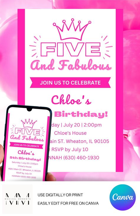 hot pink five and fabulous birthday invite for sale 5 And Fabulous Birthday Party, Five And Fabulous Birthday, Five And Fabulous, Fifth Birthday Party, 5th Birthday Party, Fifth Birthday, Birthday Party Invite, Fabulous Birthday, Girls Birthday