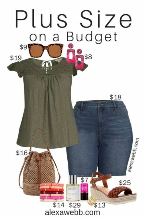 Plus Size on a Budget – Boho Summer - A plus size summer outfit idea with denim shorts, an olive green top, and espadrille sandals by Alexa Webb. Plus Size On A Budget, Boho Summer Outfit, Plus Size Summer Casual, Alexa Webb, Plus Size Summer Fashion, Olive Green Top, Women's Plus Size Jeans, Budget Outfits, Plus Size Boho