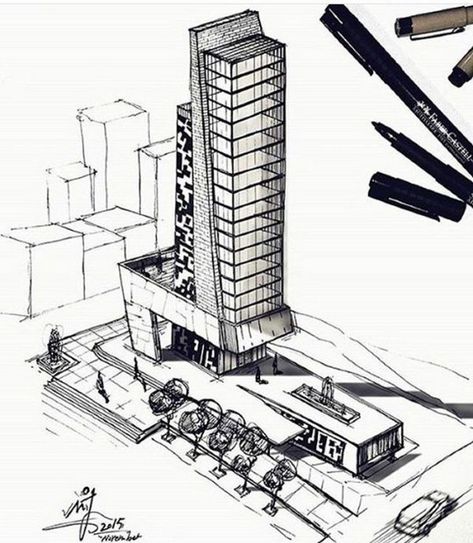 Sketching Spaces for Socializing: Welcoming Exterior Designs Buildings Sketch Architecture, Architect Sketch, Building Sketch, Architect Drawing, Architecture Sketchbook, Architecture Concept Diagram, Architecture Design Sketch, Skyscraper Architecture, Building Concept