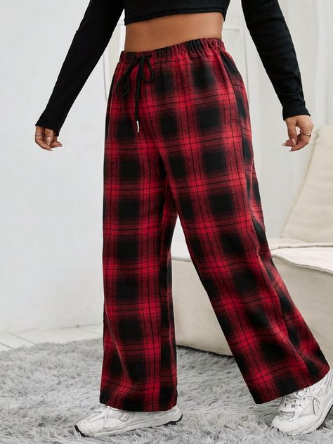 Plus Size Women Plaid Print Draw String Elastic Waist Straight Leg Loose Pants Christmas Multicolor Casual   Woven Fabric Plaid Straight Leg Non-Stretch  Women Plus Clothing, size features are:Bust: ,Length: ,Sleeve Length: Red Plaid Pants, Womens Tie, Loose Pants, Plaid Pants, Pajama Set Women, Sweet Style, Plaid Christmas, Kids Sleepwear, Plaid Print