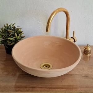 Terracotta Sink Bathroom, Terracotta Sink, Boho Sink, Spanish Bathroom Hacienda Style, Terracotta Bathroom, Clay Sinks, Fern House, Mosaic Sink, Counter Top Sink Bathroom